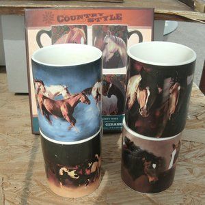 Cracker Barrel Country Style 4 Horse Mugs + Box